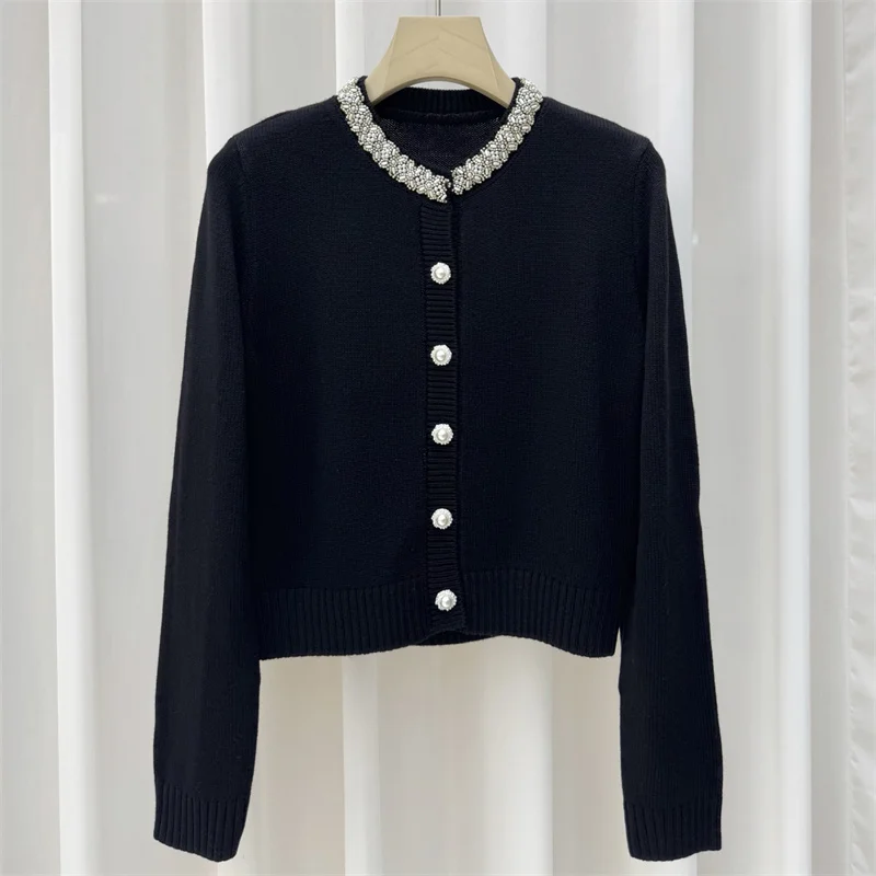 

Cardigan for women New handmade bead round neck long sleeved top for autumn 2025 wool blend Women's sweater Casual Women's coat