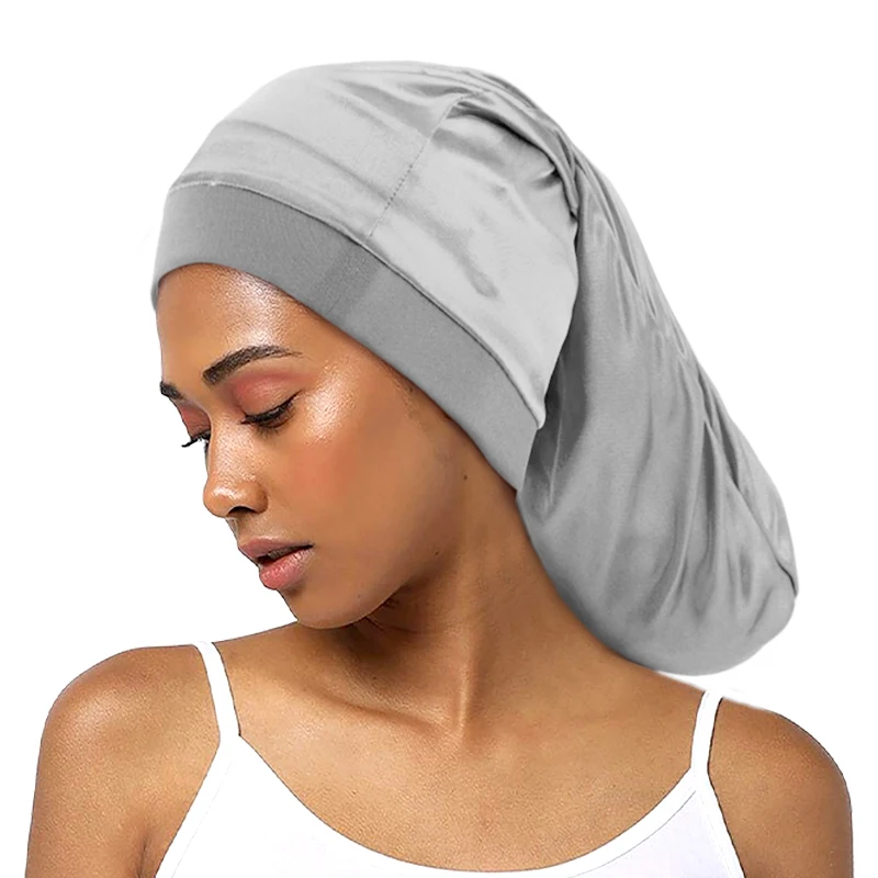 New Unisex silky dreadlock braids baggy cap wide elastic band Satin Pocket Bonnet Long Cylinder Sleeping Cap Hair accessories