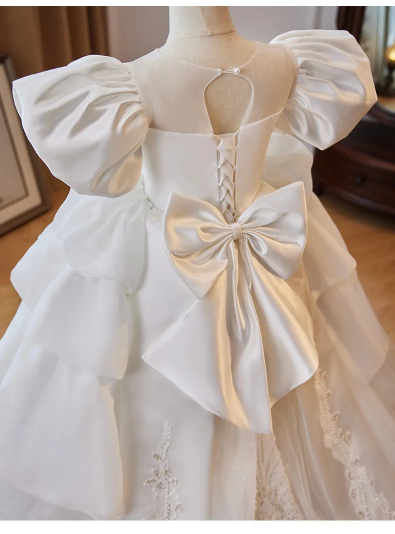 Luxury White Princess Ball Gown Wedding Flower Girl Dress Party O Neck First Communion Dresses Custom Made With Train