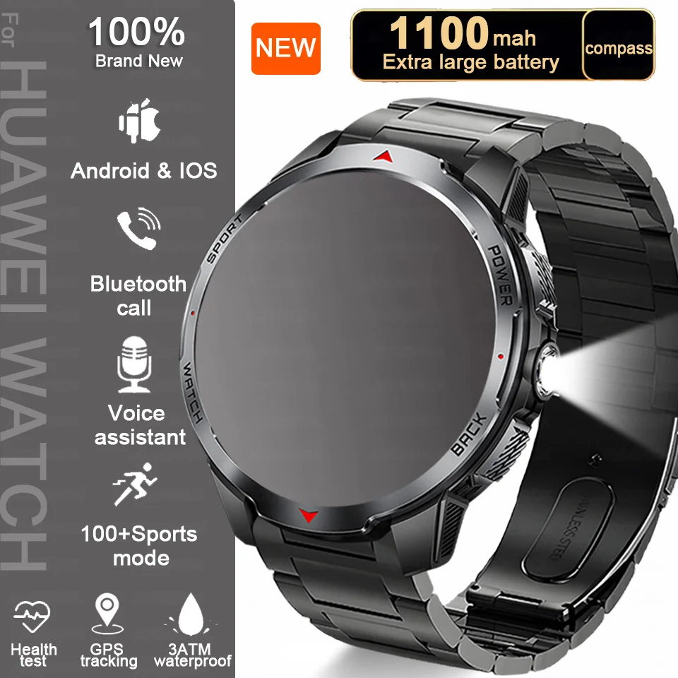 

Новинка 2023 года, умные часы с аккумулятором 1100 мАч для мужчин, спортивные светодиодные фонарики на открытом воздухе, компас, мужские умные часы с Bluetooth и вызовом, мужские часы