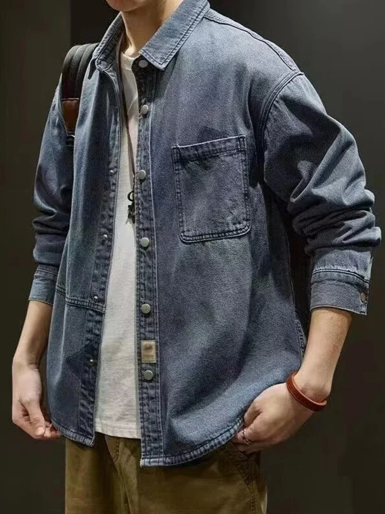 

American Sle Heavyweight Denim Jacket Men's Spring Autumn New Trendy Loose Workwear Jacket Outerwear Long Sleeve Blue