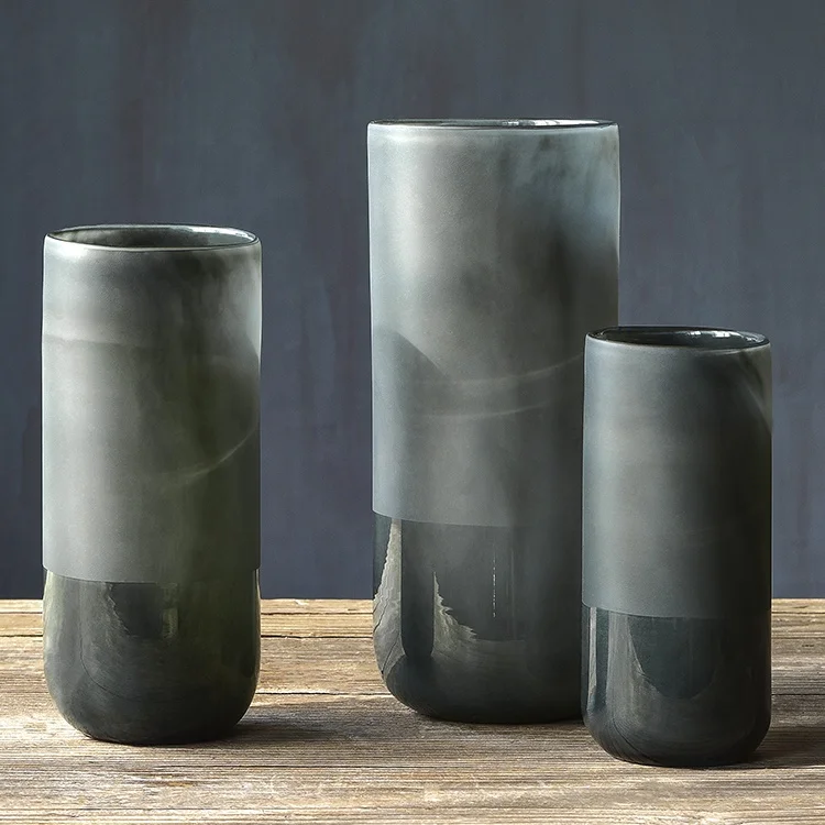 Vases Sanded Matte Grey Handblown Glass Flower Arrangement Vase Tall Cylinder Stylish Table Decor Centerpieces Vase