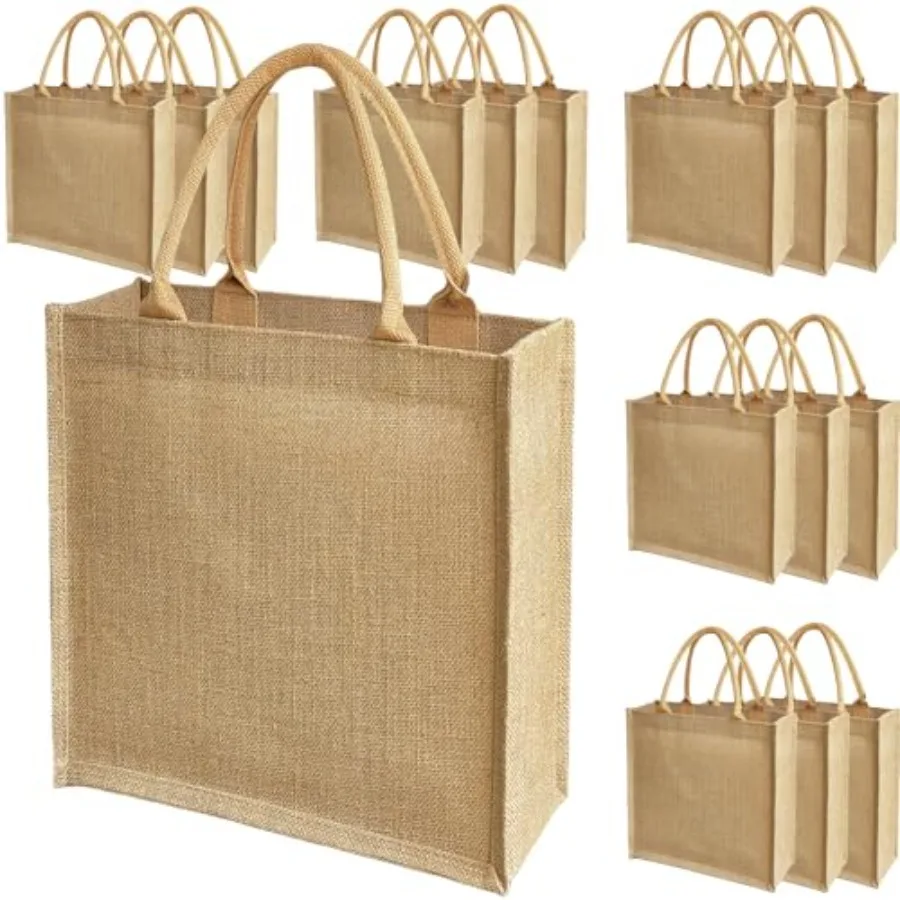 

15pcs Jute handbags Reusable Vertical Burlap Tote bags with Waterproof Liner 12x14x6 Inches for Wedding Favors, Gift Bags, Shop