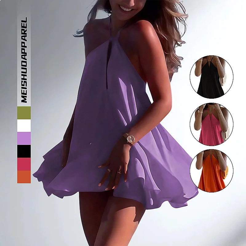 Deep V Backless Halter Dress Women Loose A-Line Cross Tie Dresses Summer