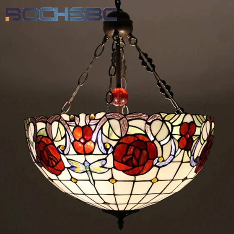 

BOCHSBC Tiffany stained glass 18 inch inverted chandelier European style decorated living room Cafe study reverse pendant light