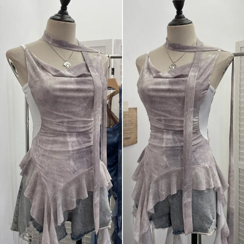 女性ニッチシックな揺れ襟不規則なリボンベストセクシーな背中の開いたスリムフィットホルターネックショートキャミソールトップカジュアルストリート 8017