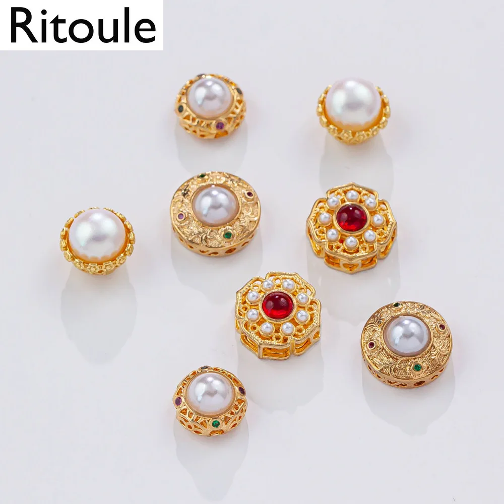 2pcsChinese court style diamond set round hollow pearl DIY copper plated real gold earrings accessories