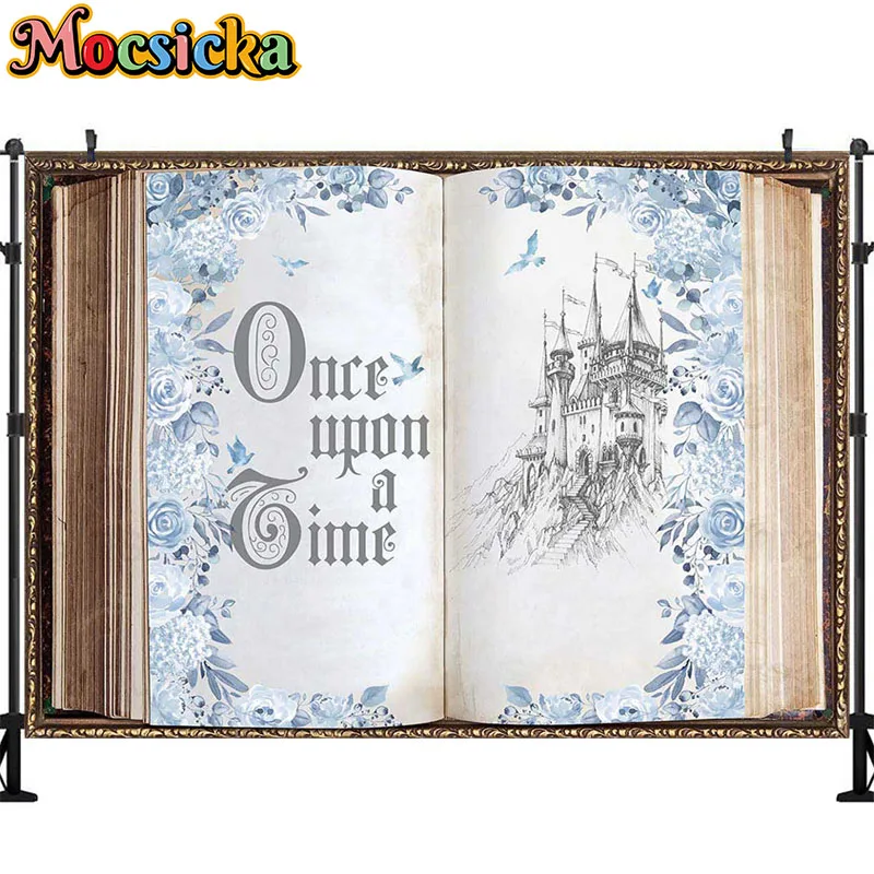 Mocsicka Castle Birthday Backdrop Girls Cinderella Blue and Silver Photography Background Princess Carriage Cake Table Banners