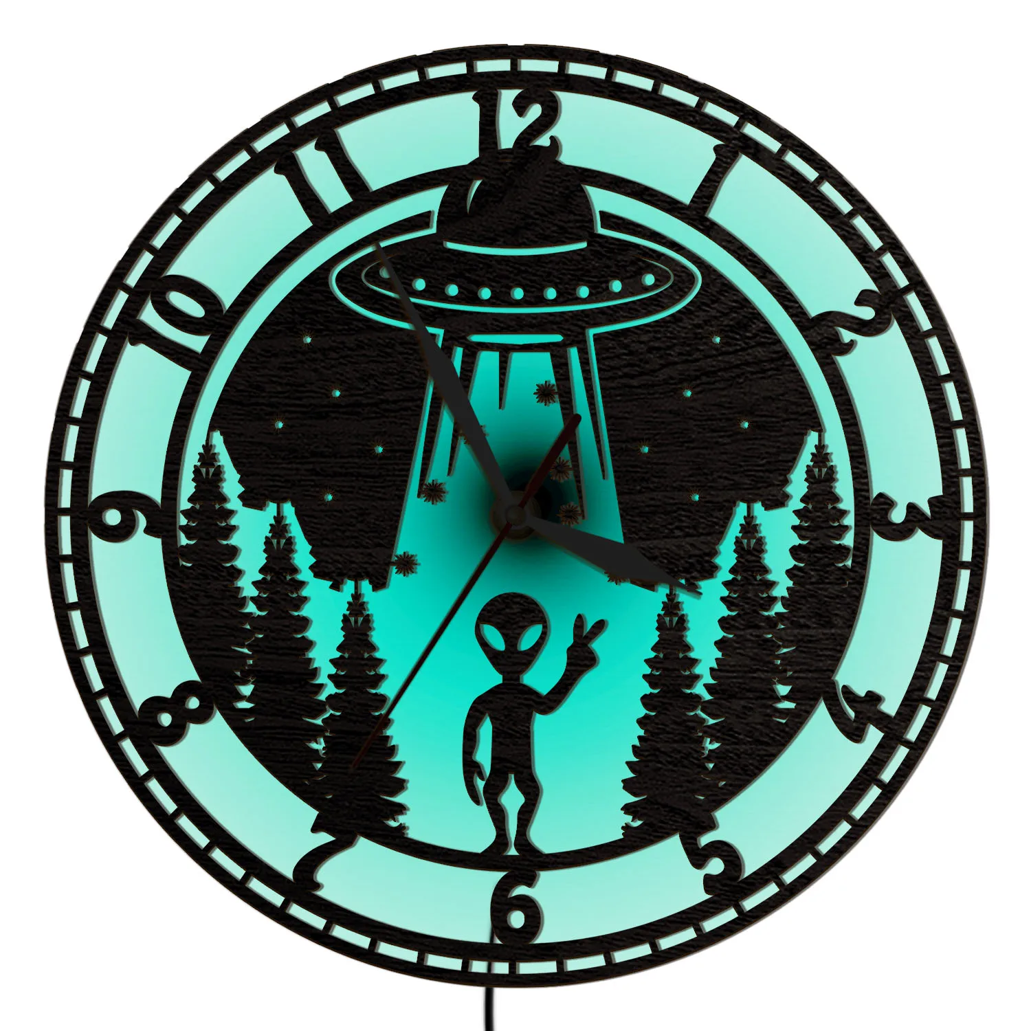 UFO Alien Forest Scene LED Lighting Wall Clock Outer Space Sci‑Fi Home Decor RGB Color Changing Night Light Wooden Wall Clock