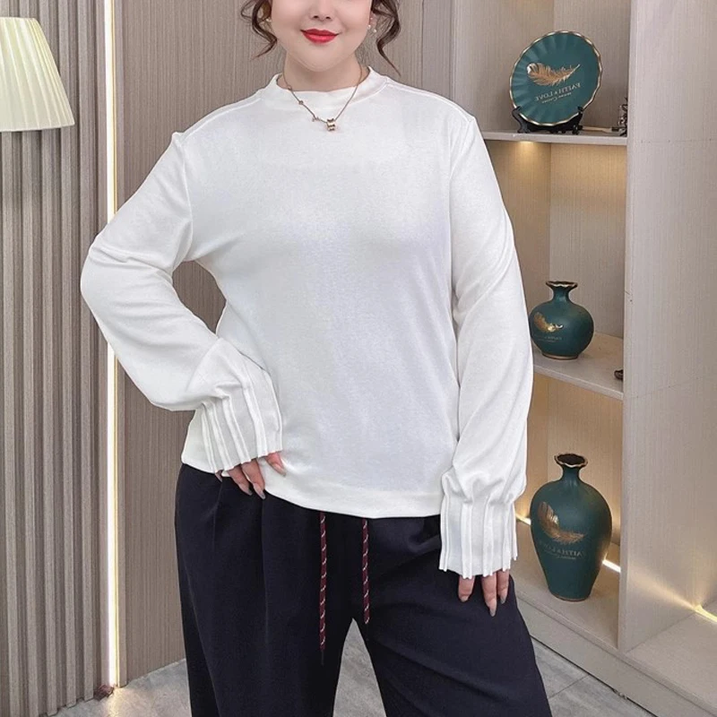 

Женская белая футболка с рукавами-фонариками больших размеров, весна/осень, повседневные свободные топы с круглым вырезом и стильный дизайн для пышных фигурок