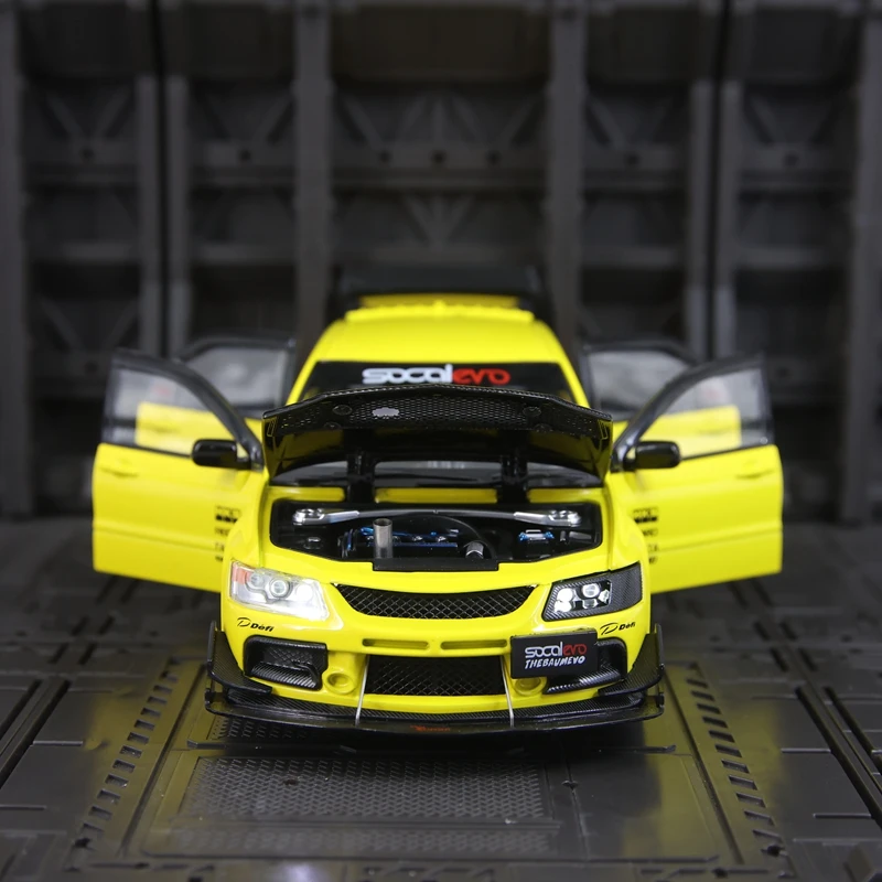 Simulação 1:24 Mitsubishi EVO portas de modelo de carro em liga de 9a geração e capô do motor, o porta-malas pode ser abre com som e iluminação