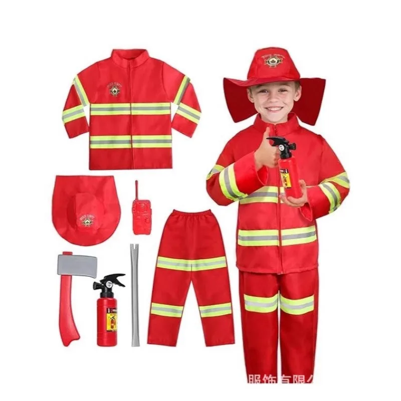 Feuerwehrmann-Kostümset für Kinder – Rotes, bedrucktes, sportliches Feuerwehrmann-Outfit für Berufstag und Feuerübungs-Rollenspiel