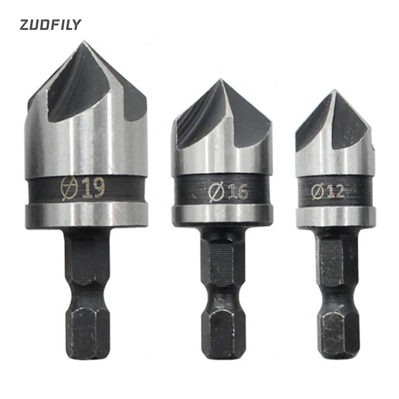

3Pcs Chamfering Drill Bit Set Woodworking 12/16/19mm Five Blade High-carbon Steel Hole Opener Drill Bits Kit 1/4" Hex Shank Bits