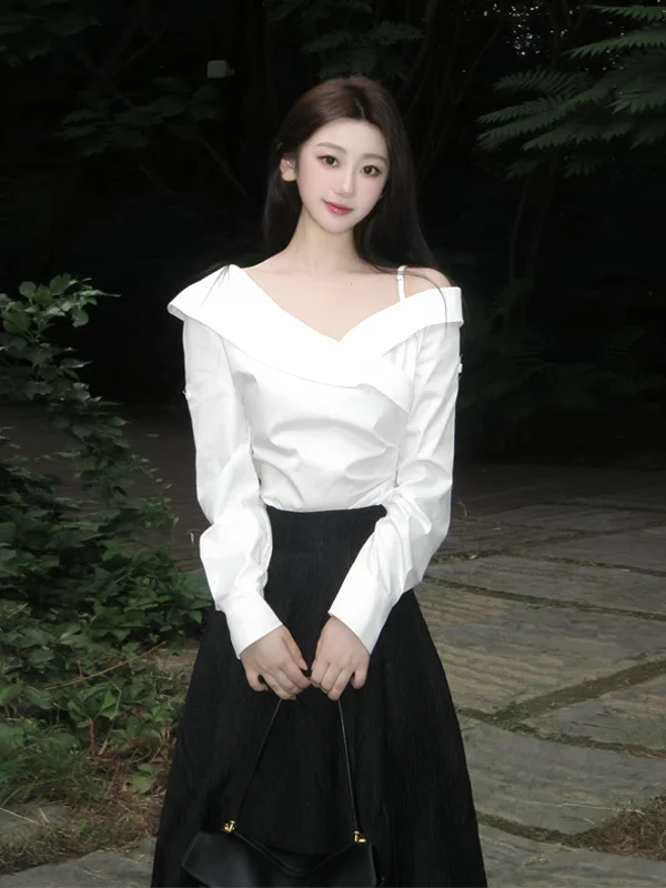 

Shoulder Bared Long Sleeve Shirt And High Waist Skirt Set for Women Elegant Two Piece Suit Autumn Commute Style Fashion