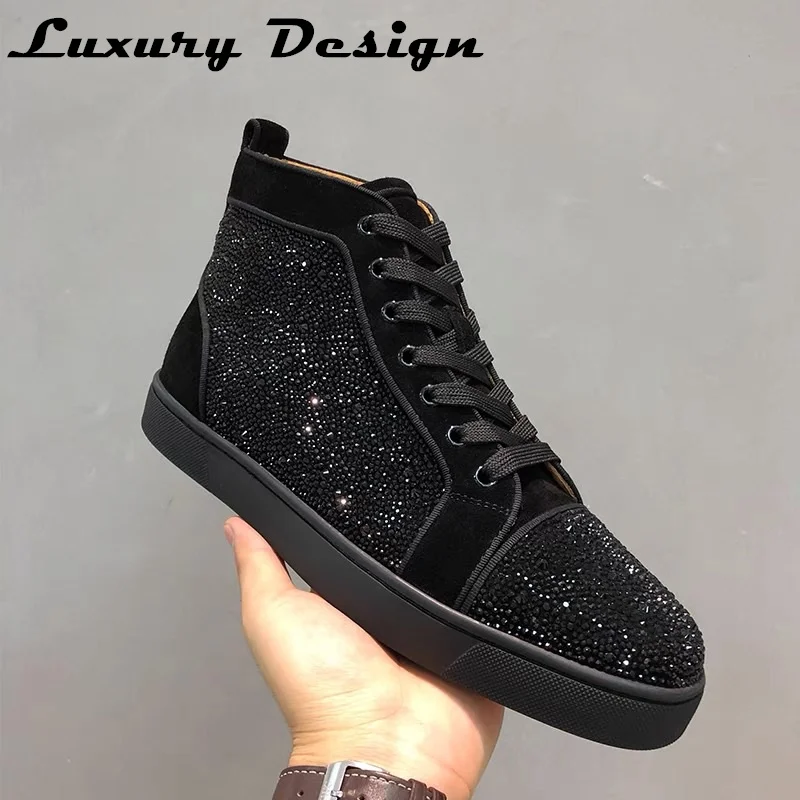 Luxury Red Bottom Shoes Accessories Shoes High Top Full Diamond Men\'s Shoes Black Suede Rhinestone Couple Models Rivet High-top