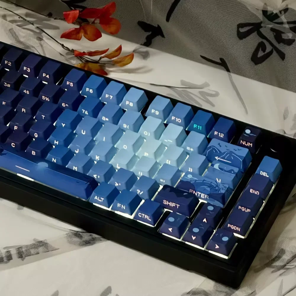 Lado azul gradiente gravado translúcido 130 teclas cereja keycap conjunto pbt lua brilhante para 60/84/98/108 teclados mecânicos