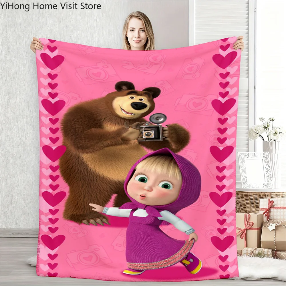 

Cartoon M-Masha and the bearers Flannel Blanket Warm And Soft Suitable For Bedroom Living Room Sofa Bed Office Travel Camping
