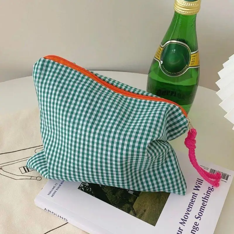 Large Capacity Plaid Zipper Storage Bag Pouch Fashion Women Girls Makeup Bag Cotton And Linen Cosmetic Bag With Zipper Pouch