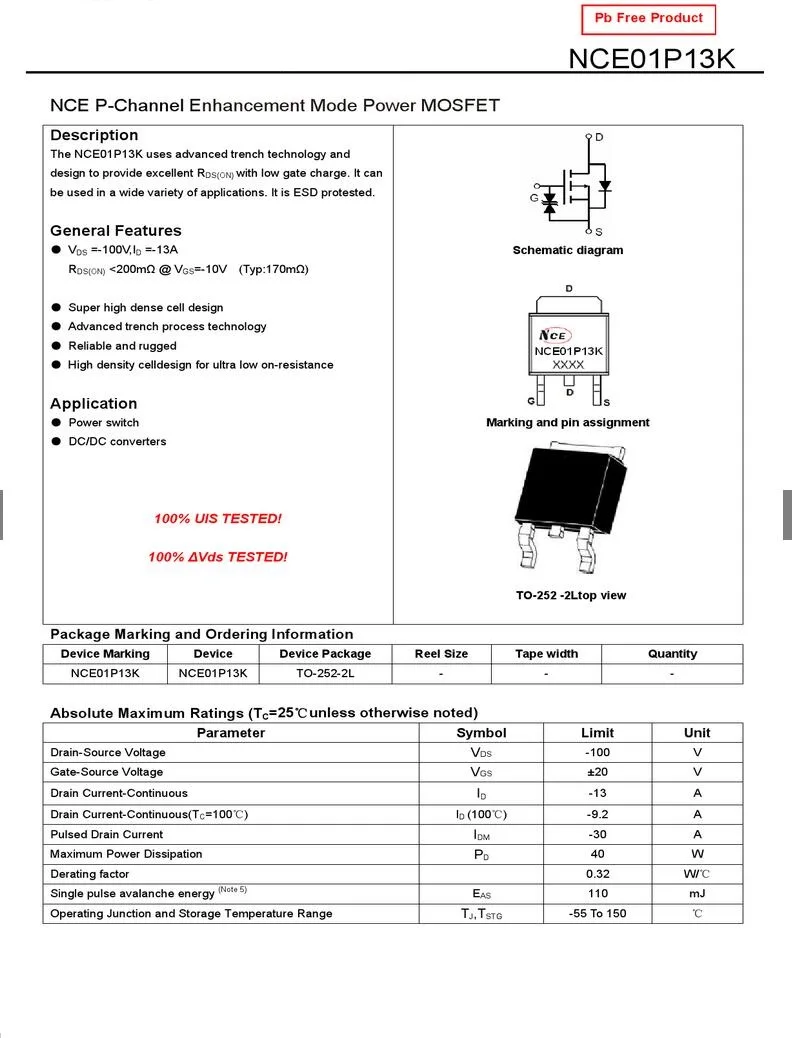 Free Shipping 10PCS NCE01P13K TO-252-2 DPAK MOS NCE P-Channel Enhancement Mode Power MOSFET 100V 13A