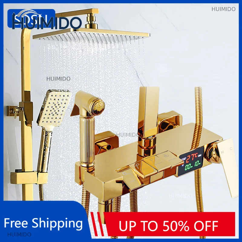 Gold Piano Digital Display Bathroom Shower Set Brass Bathroom Faucet Accessories Thermostatic Digital Bathroom Shower System