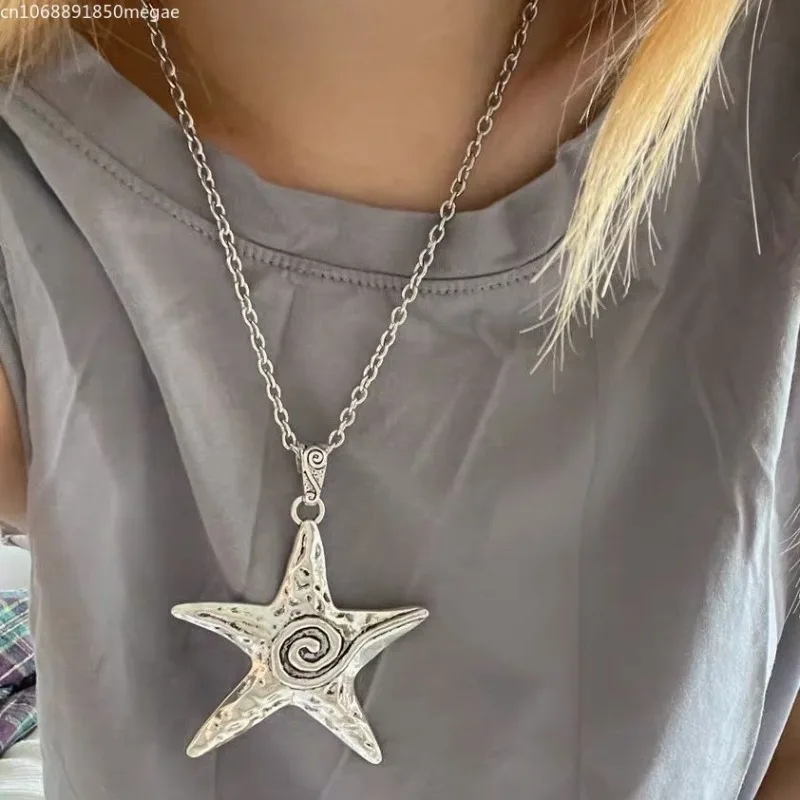 القوطية الهيب هوب فضي اللون الخماسي ستار سلسلة قلادة Y2K مجوهرات مبالغ فيها المعادن الكبيرة نجم البحر قلادة قلادة #2