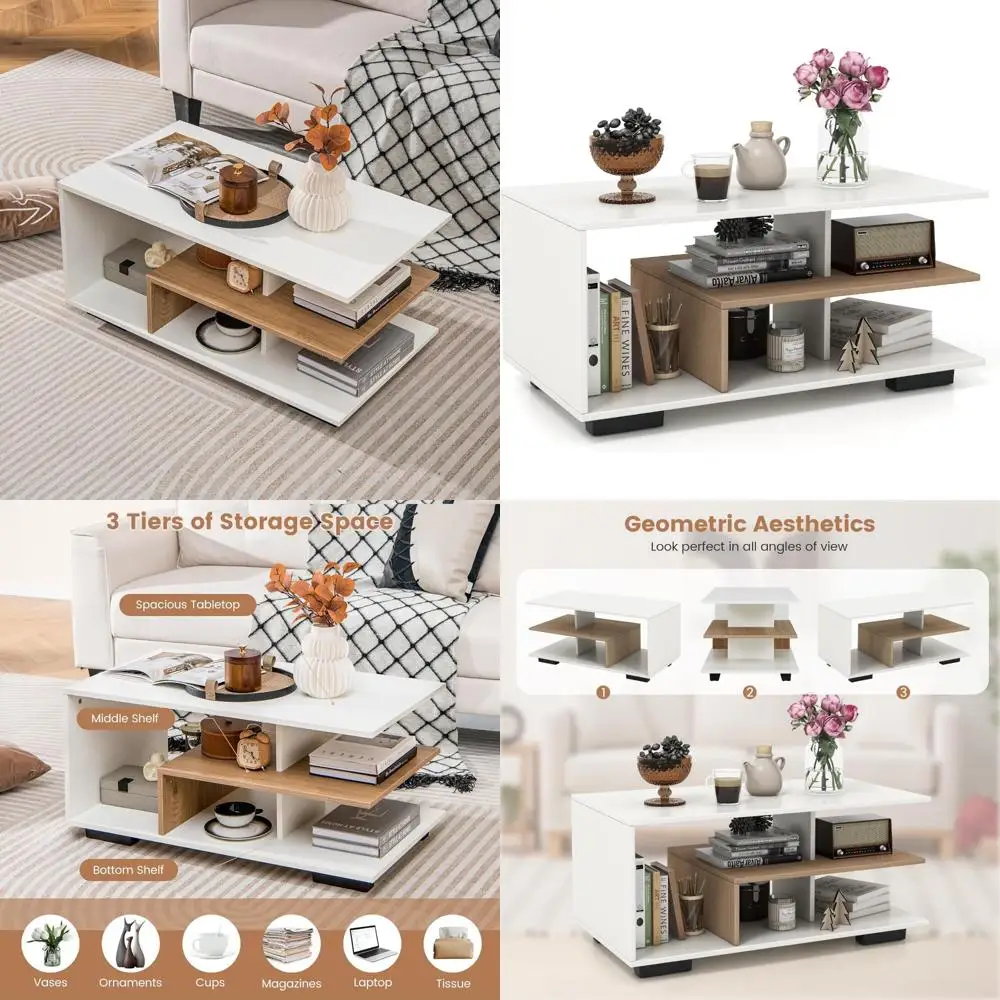 

прямоугольный 3-х ярусный акцентный стол с L-образной средней полкой, натуральный и белый для гостиной