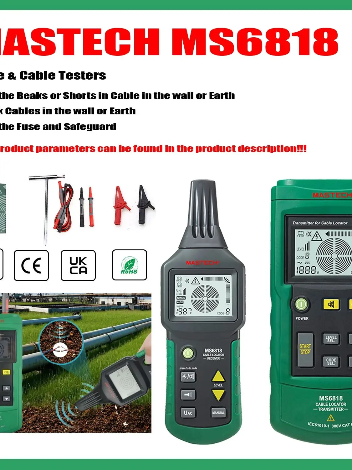 MASTECH Draagbare Professionele Draad- en Kabeltesters MS6818 Draadkabeltracker Metalen Pijplocator Detector Tester Lijntracker - afbeelding 2