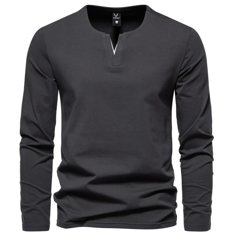 

High Quali Long Sve V-Ne T-irt Henry Sle Base Layer irt for Men Casual Pure Color Autumn Faion Urban Wear