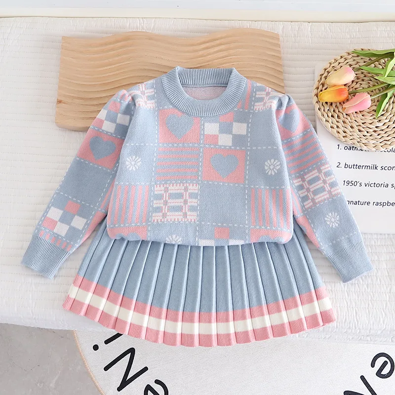 

2025 Spring Autumn Children Girls 2PCS Knitted Set Plaid Pattern Embroidery Kids Girls Sweater Contrast Girls Pleated Skirt Suit