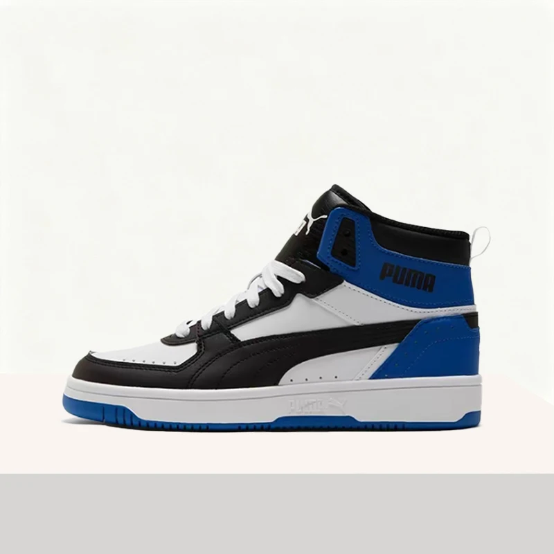 Puma Rebound Joy: Minimalist, Two-Tone, Comfortable, Premium Mid-Top Sneakers (Unisex) in White, Black, and Blue  374765-10