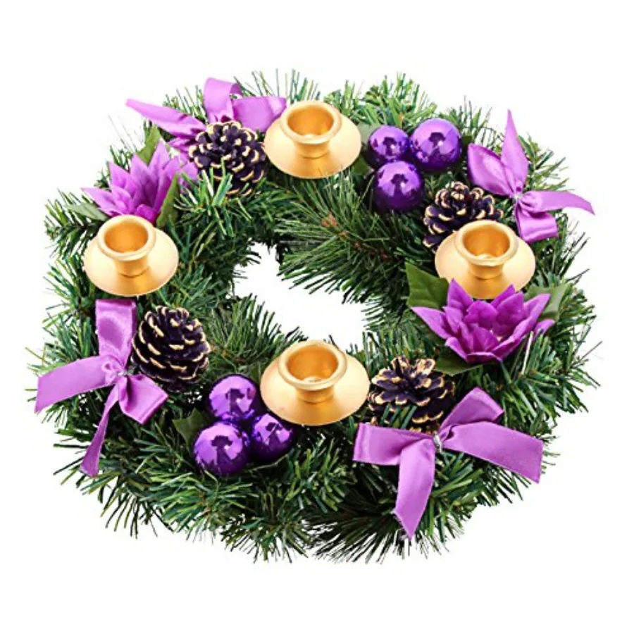 

Purple Ribbon Christmas Advent Wreath - for Advent Calendar Season - Centerpiece Decor Candle Holder and X-mas Decorations