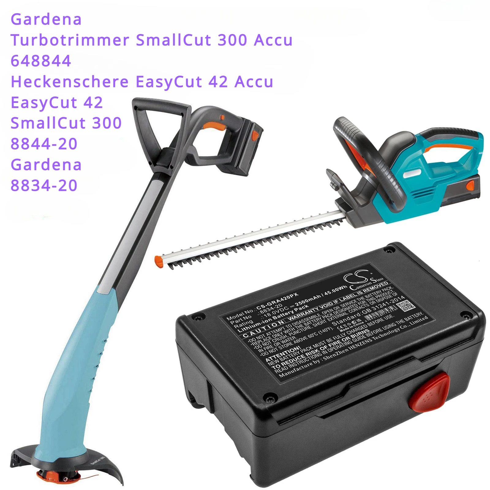 

1500mAh/2500mAh Gardening Tools Battery 8834-20 for Gardena EasyCut 42, SmallCut 300, 648844, 8844-20