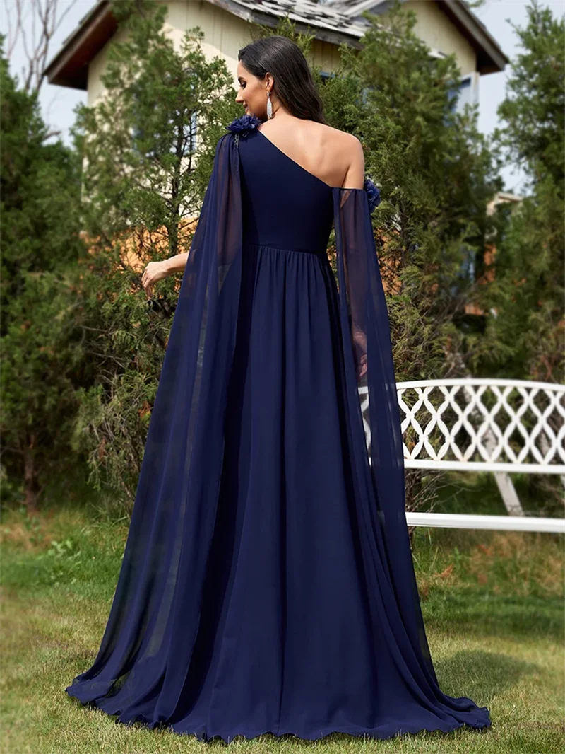 

2024 Luxury Chiffon Streamer Navy Evening Dress Long 2024 Elegant Dress Bridesmaid Party Prom Arabia Flower Cocktail Dress