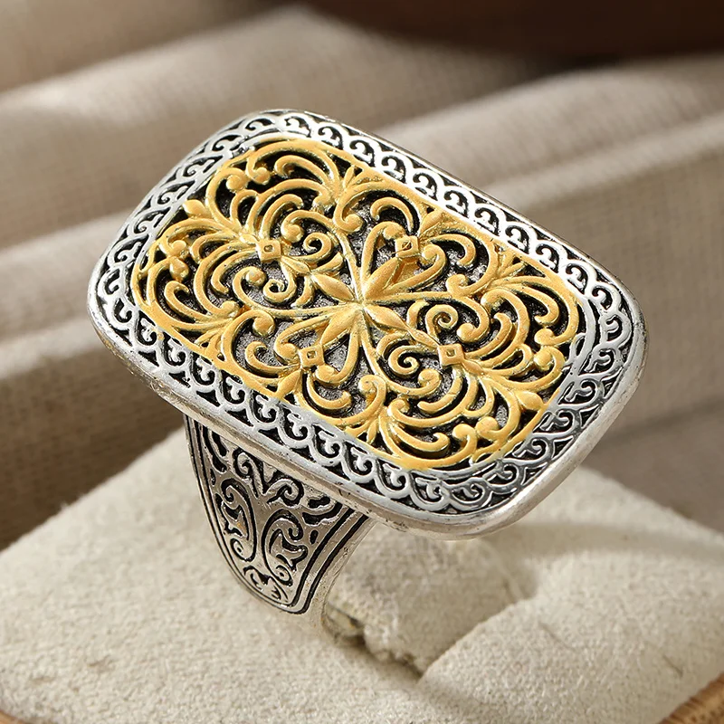 Women's Rectangle Carved Wide Ring wo Tone Design and Vintage Rolled Grass Pattern Ring Bohemian Style Jewelry Accessory