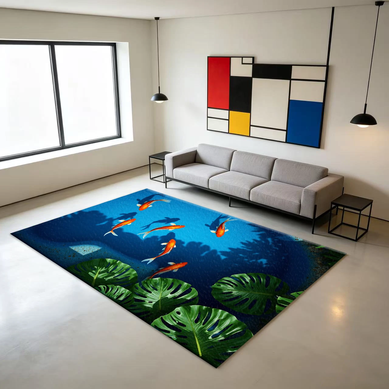 Gold Koi Fish Monstera Leaf Carpet Flooring Tropical Aquatic Scenery Anti‑Slip Floor Rug for Home Decor view 2