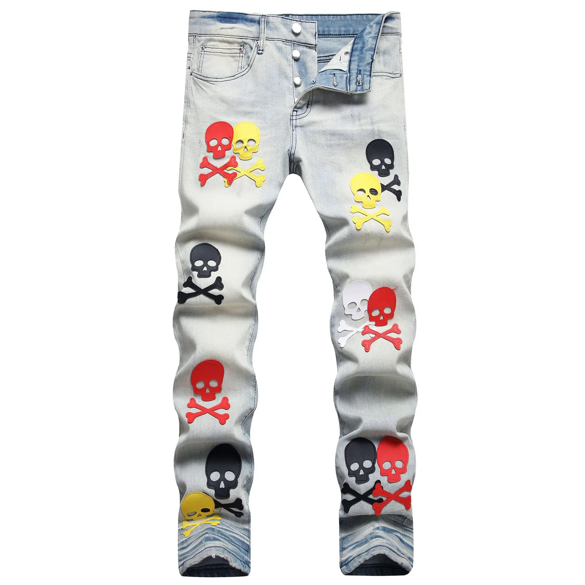 

2023 Brand New Patch Light Skull Head Bone Chemist Tie dyed Jeans Cotton Denim Pants Comfort Casual Skinny Jeans 32-44 #266