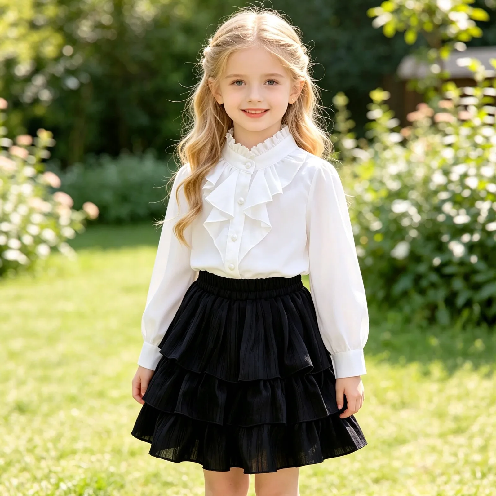 Elegant Girls White Stand-Collar Blouse Silky Smooth Long Sleeve Preppy Academia Shirt for Tween Kids Spring Fall