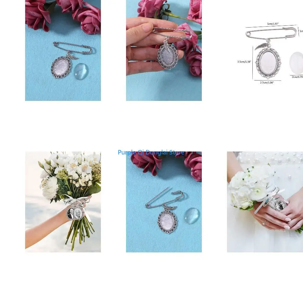L21E Wedding Boutonniere Angel Photo Charm Angel Wings Pin Brooch Oval Frame for Mother of Bride or Groom or Flower Bouquet