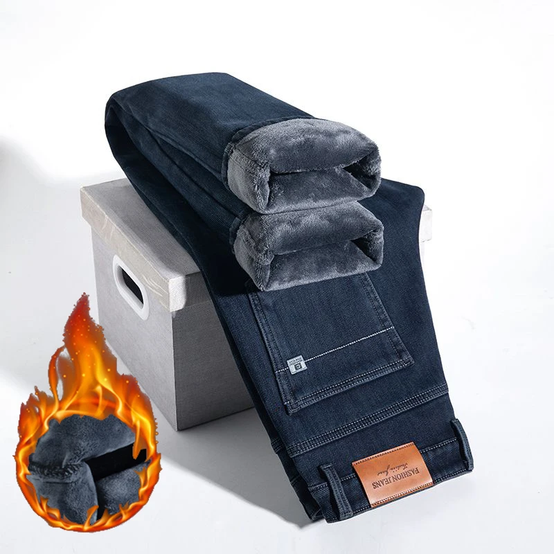 Winter Thickened Warm Straight Denim Trousers Men High Quality Wear-resistant Jeans Male Classic Business Casual Fleece Pants