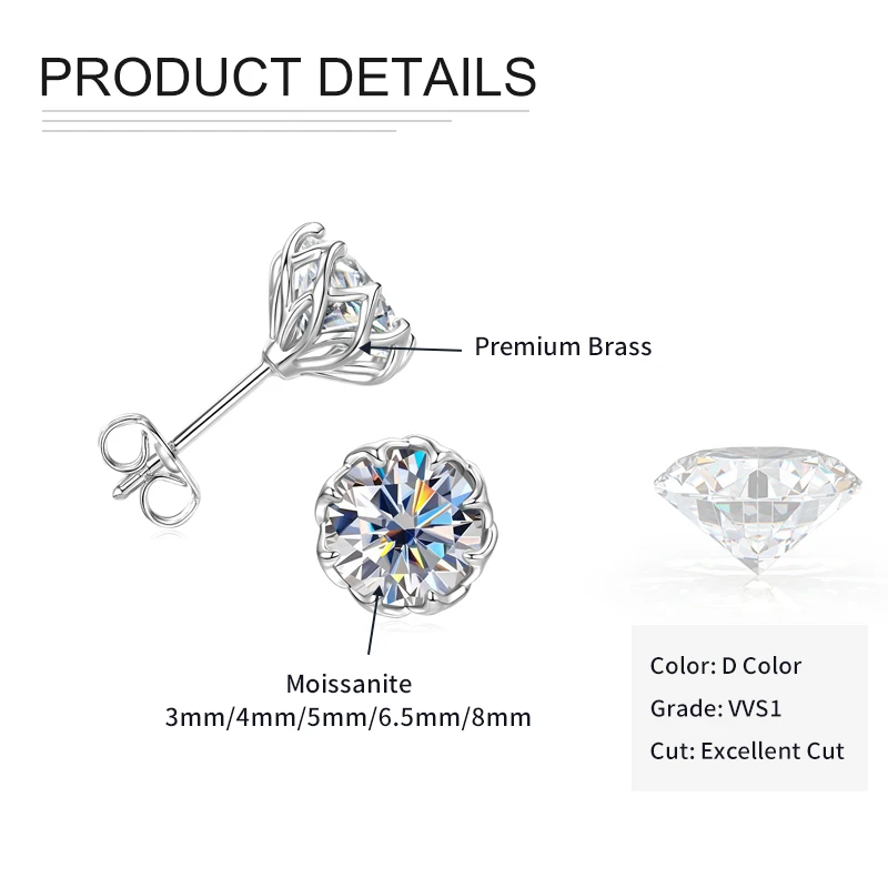 Rrjzz D-Farbe VVS1 Moissanit Zertifizierte Ohrstecker für Damen und Herren 0,1-2CT Rundschliff 3-8mm Einzelstein Laborgezüchtete Diamant-Ohrringe – Detail 1