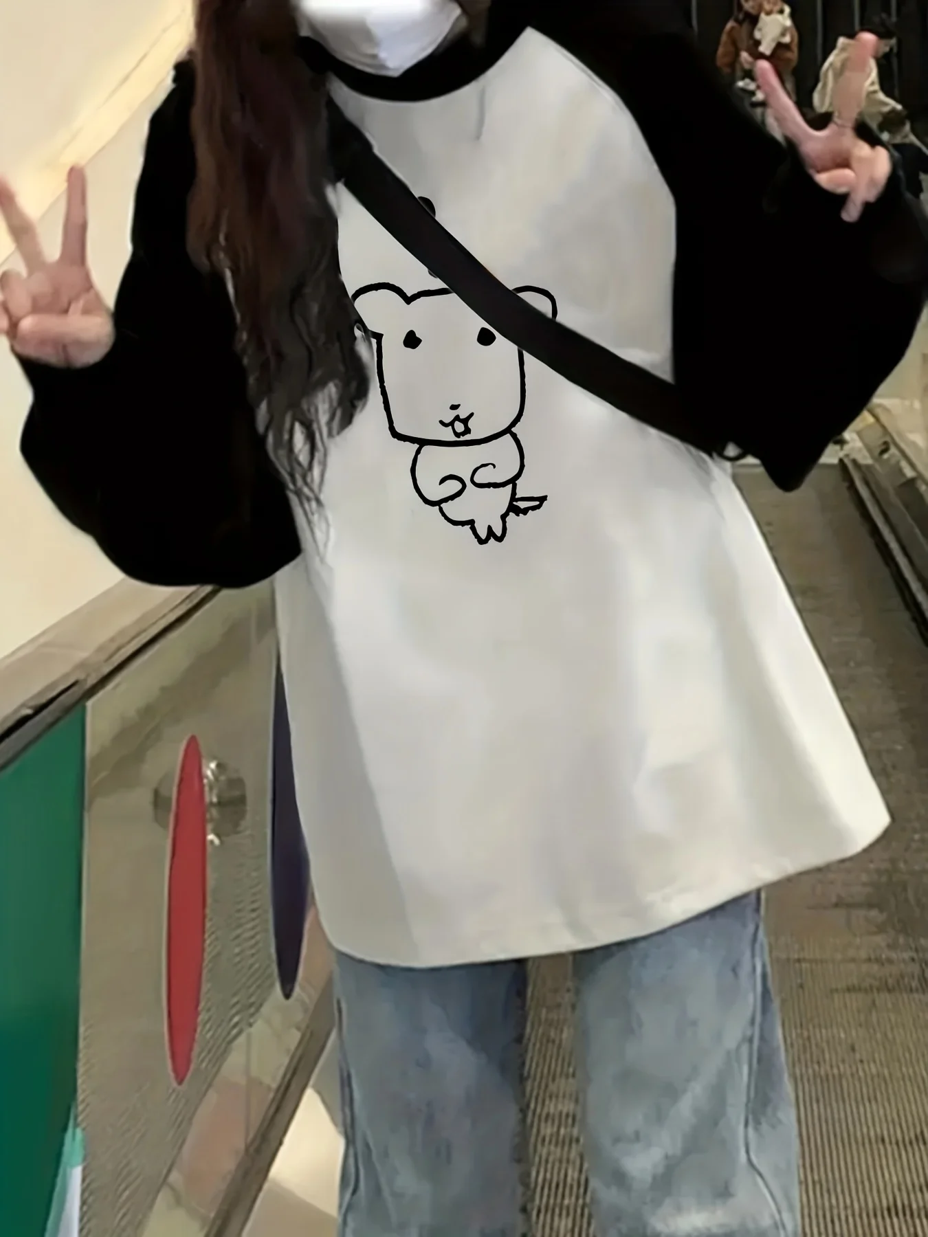 Question Mark Cute Mouse Print Funny T Shirt Women's Casual Raglan Long Sleeve T-shirt Vintage Style Tops Clothes Female Outfit