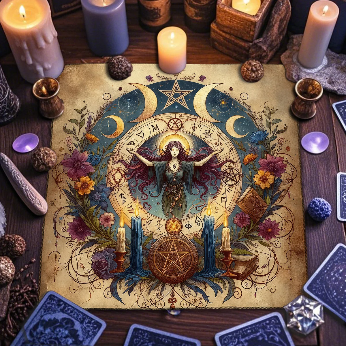 Vintage Witch Altar Cloth Tarot Tablecloth Witchcraft Moon Star & osmic Goddess Divination Cloth Tarot Mat Pentagram Altar Decor