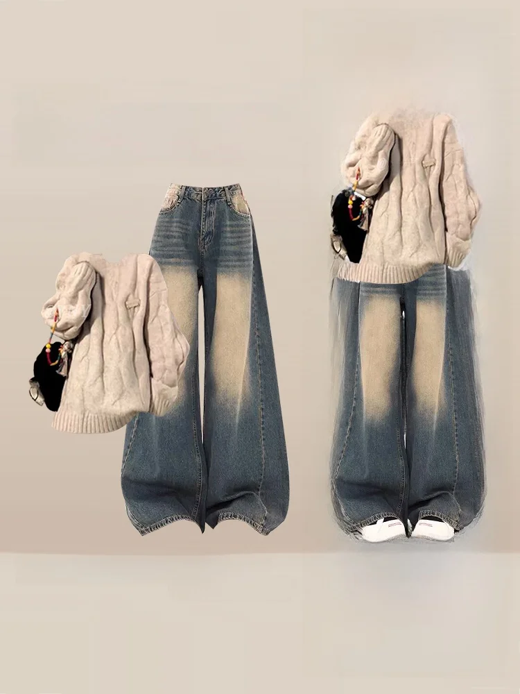 Thiened Knitted Sweater And Wide Leg Jeans Two Piece Set for Women in Autumn Winter Tassel Design Casual Vintage Sle