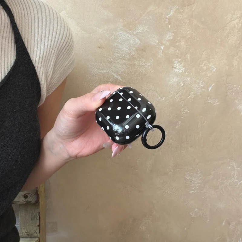 White Dots Pattern Black Color IMD Earphone Case with Ring for Airpods Pro, Pro2, Pro3, 1, 2, 3, 4, Anti-fall