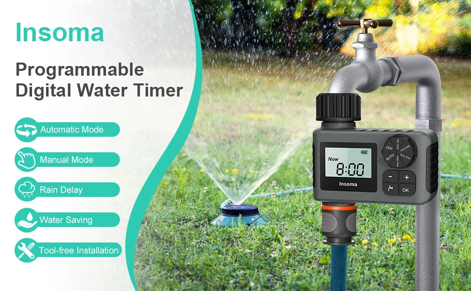 INSOMA Automatic Watering System Smart Garden Irrigation Water Timer with Brass Swivel for Hose Fuacet Outdoor Garden IPX5
