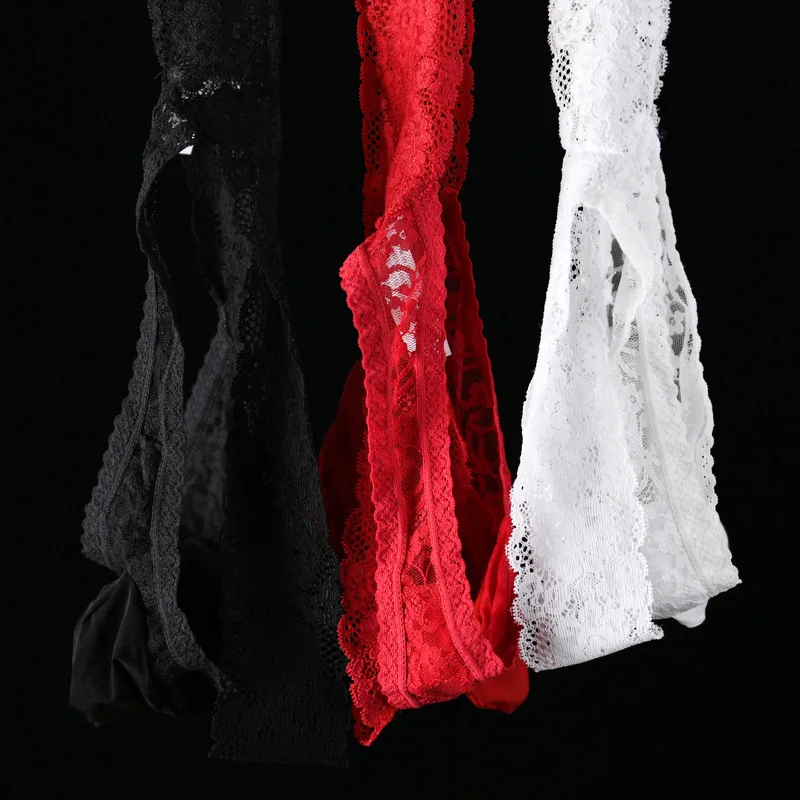 Mens Sexy Thong Underwear Low Waist T Back Lace Panties Erotic Briefs Breathable Pouch Lingerie Plus Size