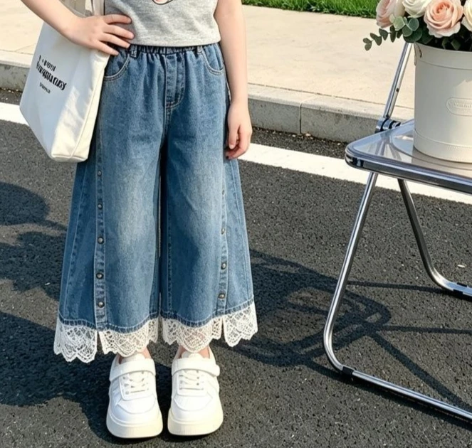 Girls' Lace Denim Wide Leg Pants Summer 2026 New Korean Fashionable Versatile Girls Baby Loose Casual Pants