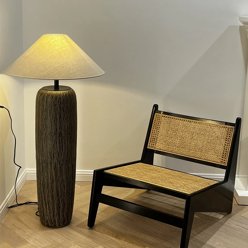 

Japanese Black Ceramics Base LED Floor Lamps Fabric Lampshade Living Room Bedroom Restaurant Tea House Atmosphere Standing Light