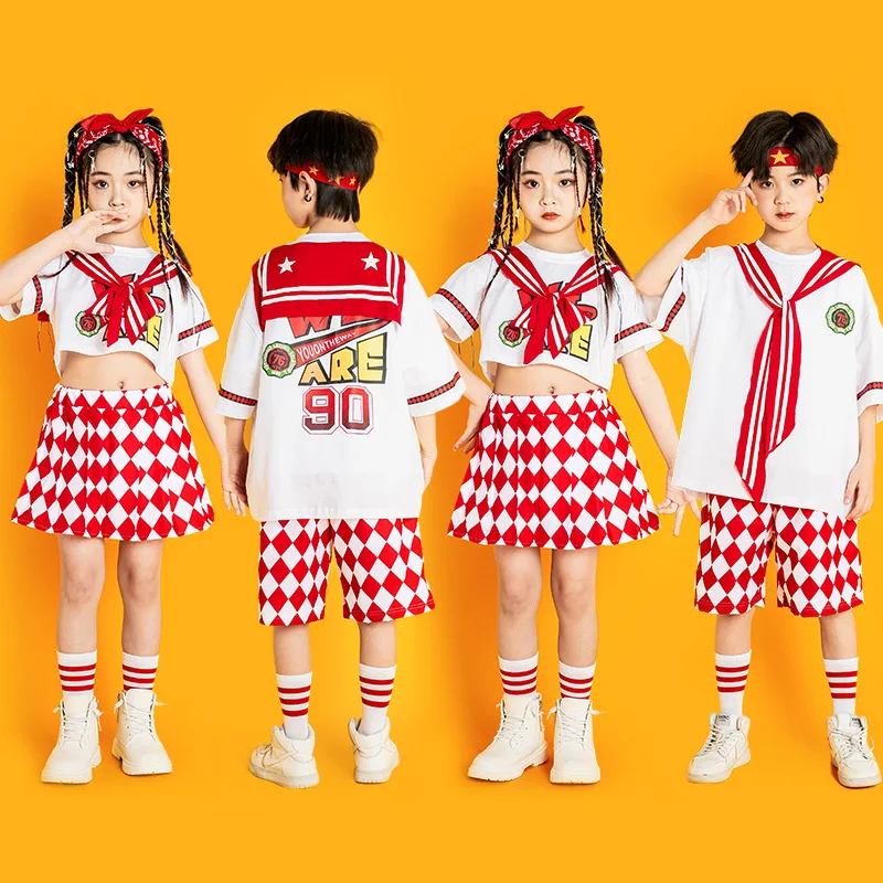 Kids White Choir School Dance Suit Boy Dancing Loose Handsome Costume Girl Stage Catwalk Red Plaid Bottoms