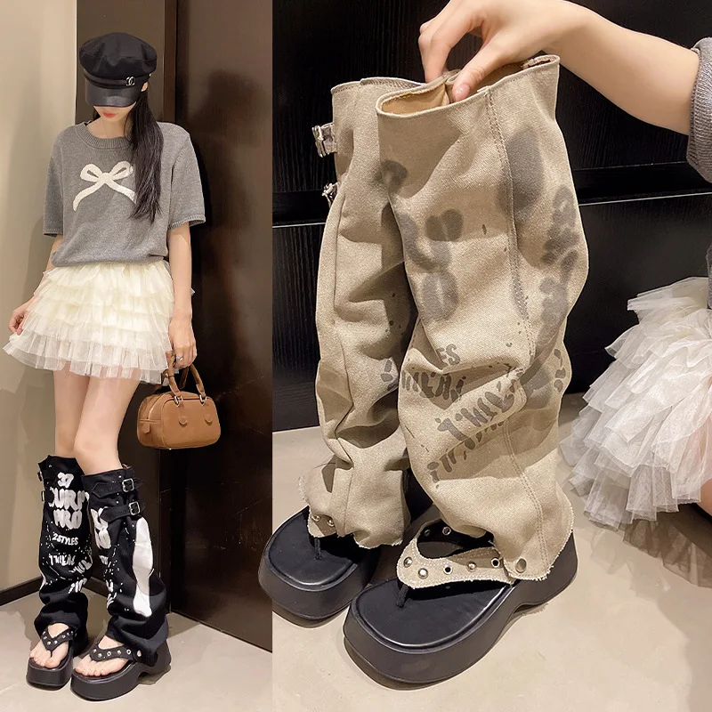 

Fashion 2025 Stacked Platform Slides Women High Top Flip Flops with Buckle & Graffiti Unique Crinkle Design Canvas Shoes